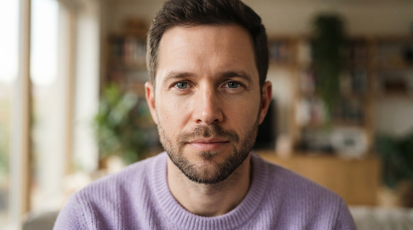 Mans face wearing lavender 202607192127